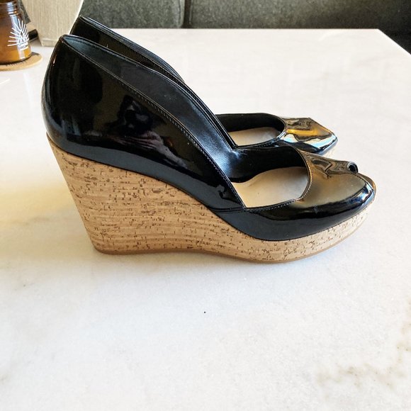 New! Via Spiga black patent leather & tan cork open toe wedges / sandals / shoes - Picture 7 of 9